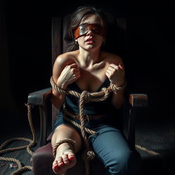 A dramatic scene depicting a woman tied to a chair, her hands and feet bound tightly with rugged ropes