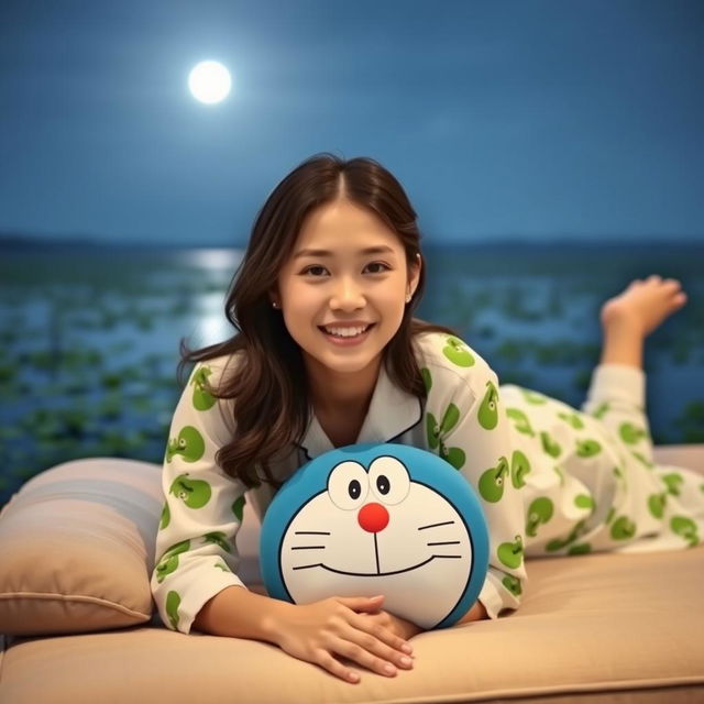 A beautiful Korean woman wearing a frog-patterned pajamas, lying on her stomach atop a soft couch with a Doraemon pillow, facing the camera