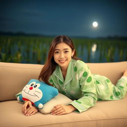 A beautiful Korean woman wearing a frog-patterned pajamas, lying on her stomach atop a soft couch with a Doraemon pillow, facing the camera