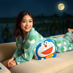 A beautiful Korean woman wearing a frog-patterned pajamas, lying on her stomach atop a soft couch with a Doraemon pillow, facing the camera