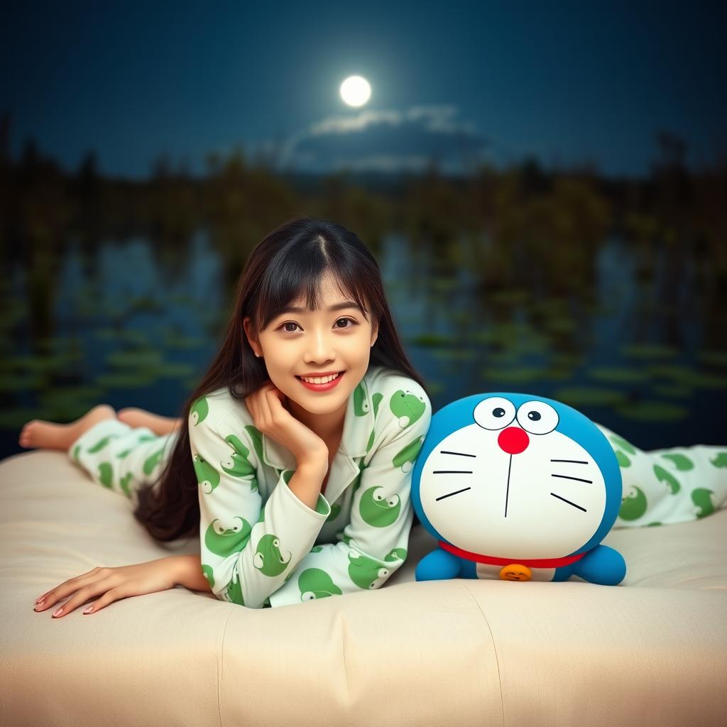 A beautiful Korean woman wearing a frog-patterned pajamas, lying on her stomach atop a soft couch with a Doraemon pillow, facing the camera