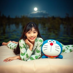 A beautiful Korean woman wearing a frog-patterned pajamas, lying on her stomach atop a soft couch with a Doraemon pillow, facing the camera