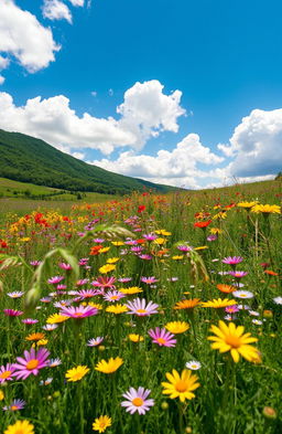 A vibrant and picturesque scene featuring a gently flowing meadow filled with a diverse array of wildflowers in full bloom