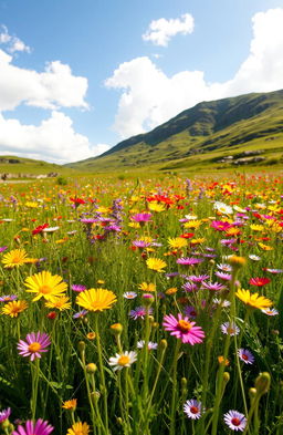 A vibrant and picturesque scene featuring a gently flowing meadow filled with a diverse array of wildflowers in full bloom