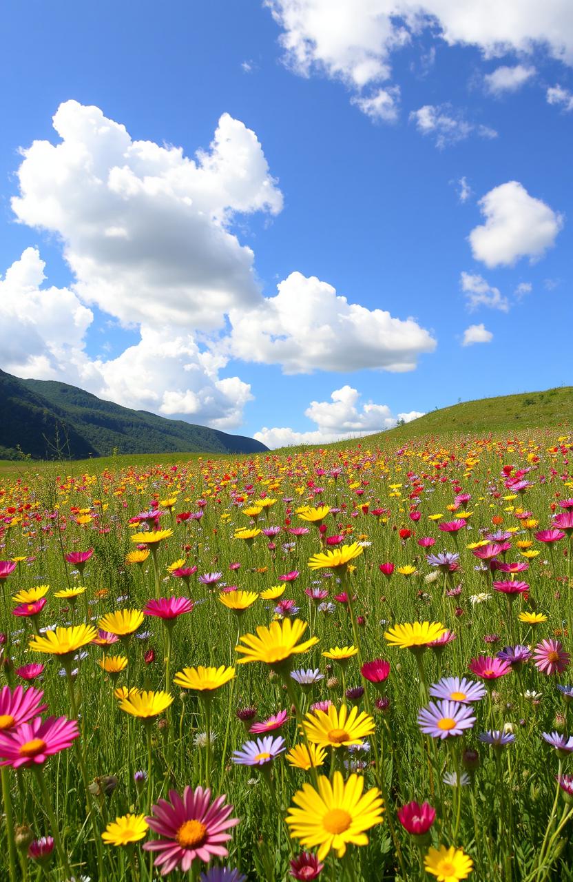 A vibrant and picturesque scene featuring a gently flowing meadow filled with a diverse array of wildflowers in full bloom
