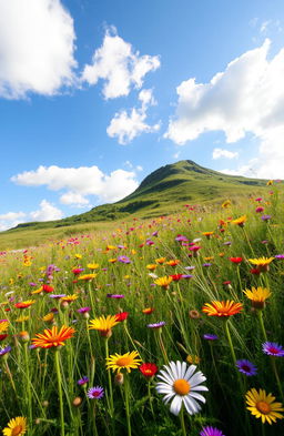 A vibrant and picturesque scene featuring a gently flowing meadow filled with a diverse array of wildflowers in full bloom