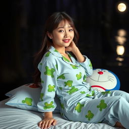 A beautiful Korean woman in pajamas featuring a frog print, lying on her back on a bed with a Doraemon pillow, facing the camera