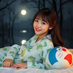 A beautiful Korean woman in pajamas featuring a frog print, lying on her back on a bed with a Doraemon pillow, facing the camera