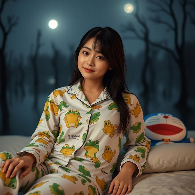 A beautiful Korean woman in pajamas featuring a frog print, lying on her back on a bed with a Doraemon pillow, facing the camera