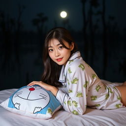 A beautiful Korean woman in pajamas featuring a frog print, lying on her back on a bed with a Doraemon pillow, facing the camera