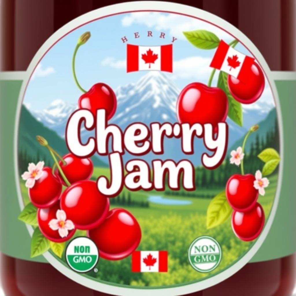 A beautifully designed label for cherry jam suitable for export to Canada