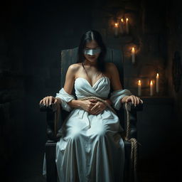 A mysterious and atmospheric scene in a dimly lit torture chamber, featuring a woman in a flowing white gown tied to a rustic wooden chair