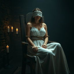 A mysterious and atmospheric scene in a dimly lit torture chamber, featuring a woman in a flowing white gown tied to a rustic wooden chair