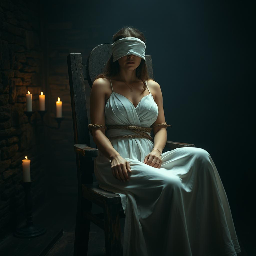 A mysterious and atmospheric scene in a dimly lit torture chamber, featuring a woman in a flowing white gown tied to a rustic wooden chair