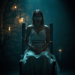 A mysterious and atmospheric scene in a dimly lit torture chamber, featuring a woman in a flowing white gown tied to a rustic wooden chair