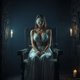 A mysterious and atmospheric scene in a dimly lit torture chamber, featuring a woman in a flowing white gown tied to a rustic wooden chair