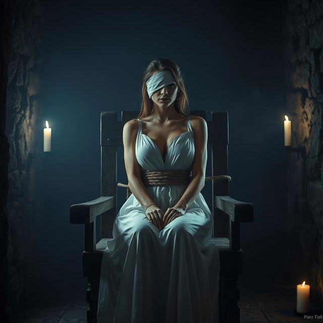 A mysterious and atmospheric scene in a dimly lit torture chamber, featuring a woman in a flowing white gown tied to a rustic wooden chair
