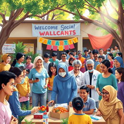 A vibrant community scene depicting various social welfare activity institutions in action