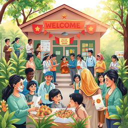 A vibrant community scene depicting various social welfare activity institutions in action