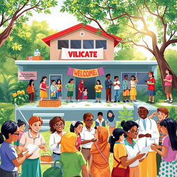 A vibrant community scene depicting various social welfare activity institutions in action