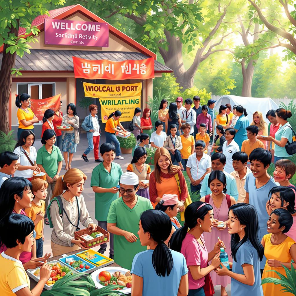 A vibrant community scene depicting various social welfare activity institutions in action