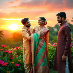 A romantic couple dressed in traditional Indian attire, embracing each other against a picturesque background