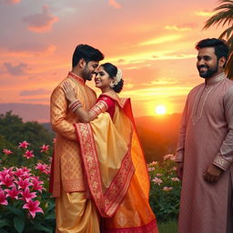 A romantic couple dressed in traditional Indian attire, embracing each other against a picturesque background
