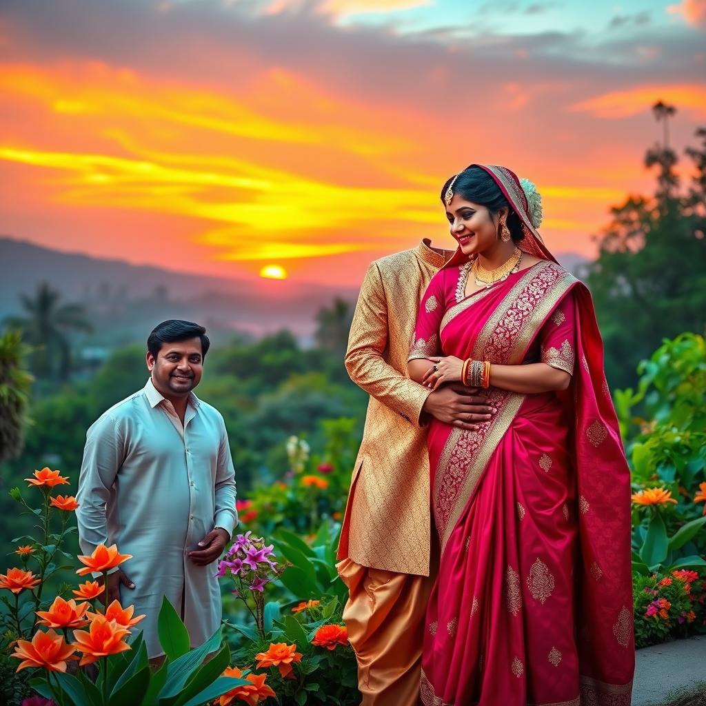 A romantic couple dressed in traditional Indian attire, embracing each other against a picturesque background