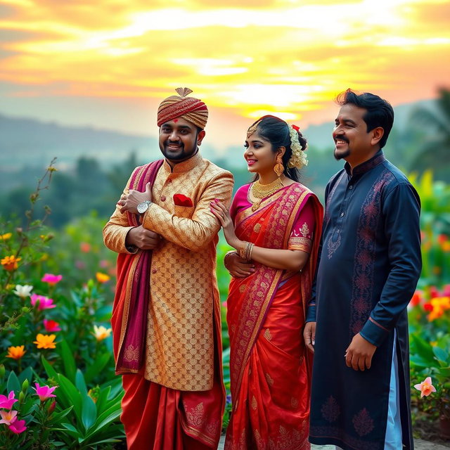 A romantic couple dressed in traditional Indian attire, embracing each other against a picturesque background