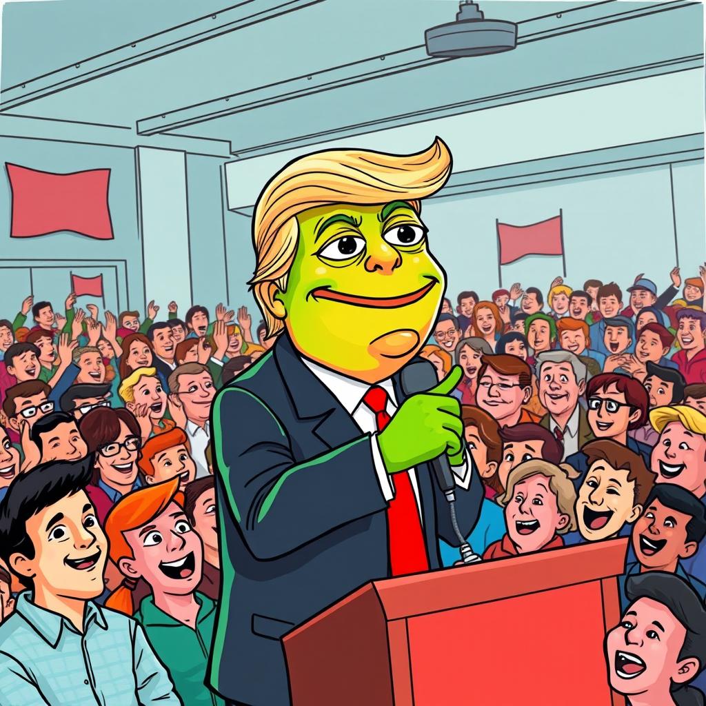 A cartoon drawing of Donald Trump with the Pepe the Frog meme face, delivering a speech in front of a large crowd of people