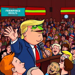 A cartoon drawing of Donald Trump with the Pepe the Frog meme face, delivering a speech in front of a large crowd of people