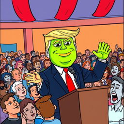 A cartoon drawing of Donald Trump with the Pepe the Frog meme face, delivering a speech in front of a large crowd of people