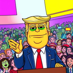 A cartoon drawing of Donald Trump with the Pepe the Frog meme face, delivering a speech in front of a large crowd of people