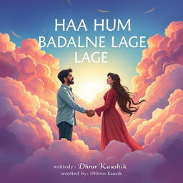 A captivating illustration showing a man and a woman shaking hands, symbolizing collaboration and positive transformation, set against a backdrop of vibrant, flowing clouds that reflect the essence of the title 'HAA HUM BADALNE LAGE'