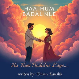 A captivating illustration showing a man and a woman shaking hands, symbolizing collaboration and positive transformation, set against a backdrop of vibrant, flowing clouds that reflect the essence of the title 'HAA HUM BADALNE LAGE'