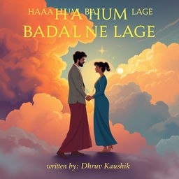 A captivating illustration showing a man and a woman shaking hands, symbolizing collaboration and positive transformation, set against a backdrop of vibrant, flowing clouds that reflect the essence of the title 'HAA HUM BADALNE LAGE'