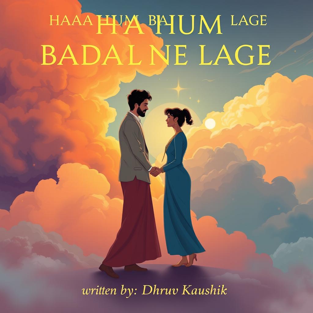 A captivating illustration showing a man and a woman shaking hands, symbolizing collaboration and positive transformation, set against a backdrop of vibrant, flowing clouds that reflect the essence of the title 'HAA HUM BADALNE LAGE'