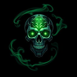 A guild logo for a magical community featuring a prominent, intricate skull highlighted with a vibrant light green