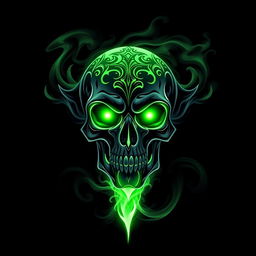 A guild logo for a magical community featuring a prominent, intricate skull highlighted with a vibrant light green