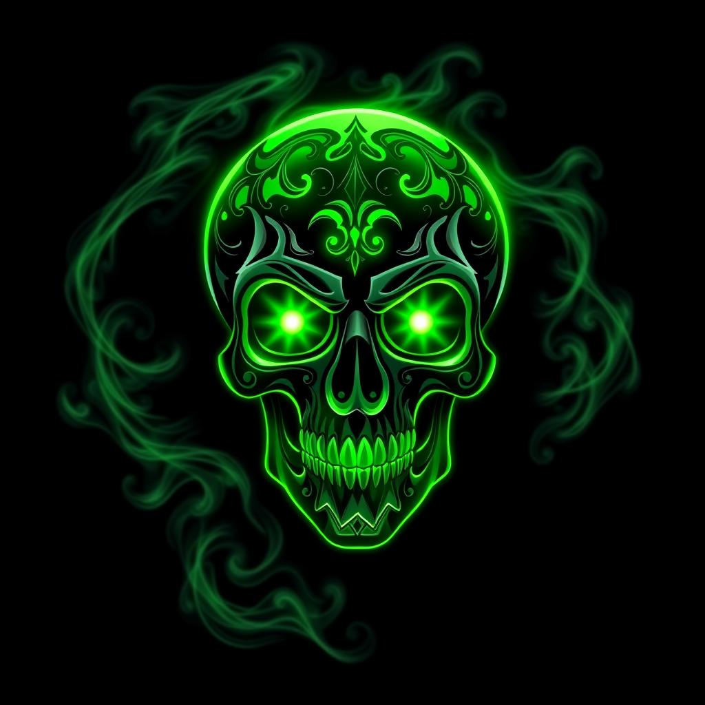 A guild logo for a magical community featuring a prominent, intricate skull highlighted with a vibrant light green