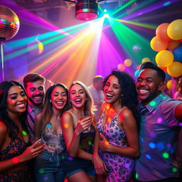A vibrant party scene featuring a group of friends dancing under colorful disco lights