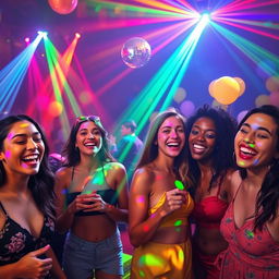 A vibrant party scene featuring a group of friends dancing under colorful disco lights