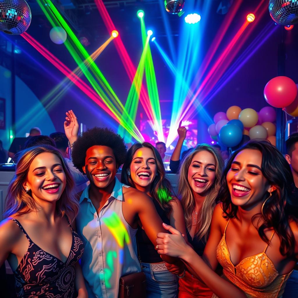 A vibrant party scene featuring a group of friends dancing under colorful disco lights
