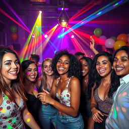 A vibrant party scene featuring a group of friends dancing under colorful disco lights