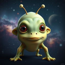 A whimsical alien creature with hairless, plump body and four limbs, featuring four large expressive eyes and a long, prominent nose