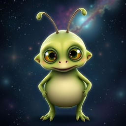 A whimsical alien creature with hairless, plump body and four limbs, featuring four large expressive eyes and a long, prominent nose