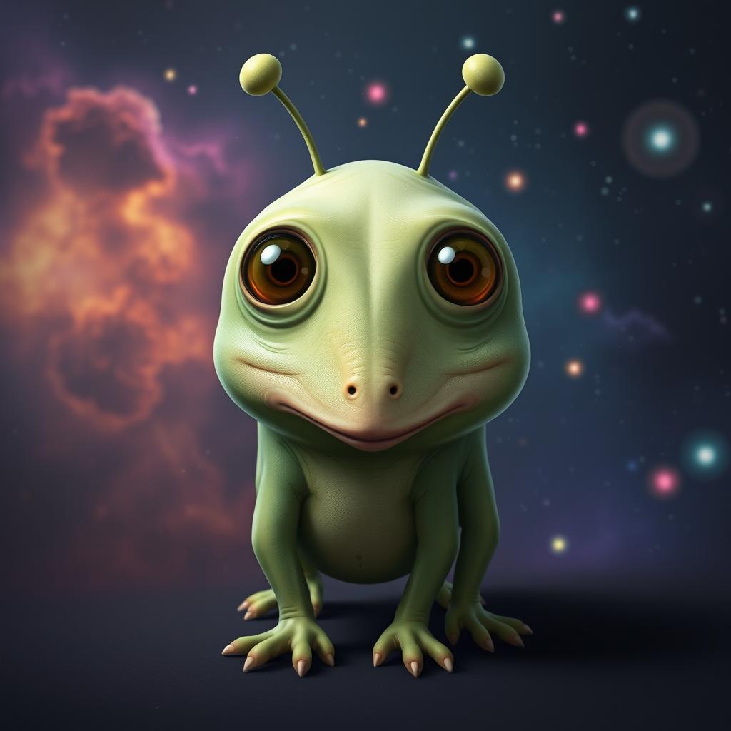A whimsical alien creature with hairless, plump body and four limbs, featuring four large expressive eyes and a long, prominent nose