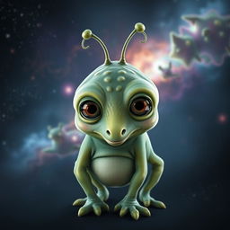 A whimsical alien creature with hairless, plump body and four limbs, featuring four large expressive eyes and a long, prominent nose