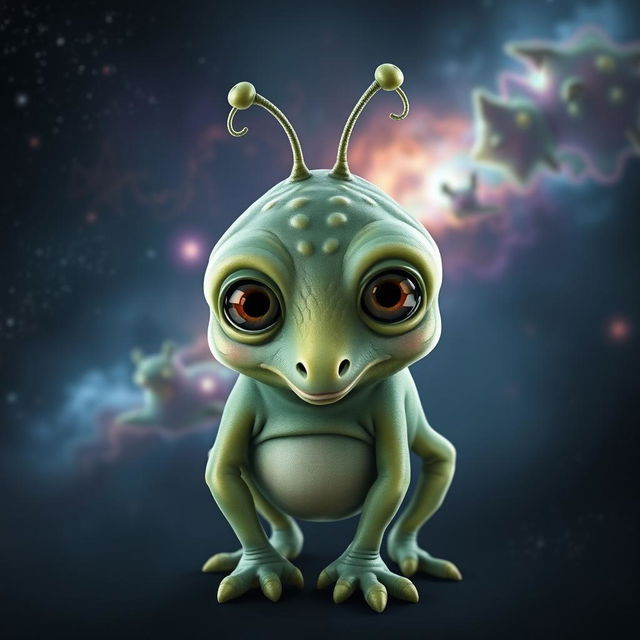 A whimsical alien creature with hairless, plump body and four limbs, featuring four large expressive eyes and a long, prominent nose