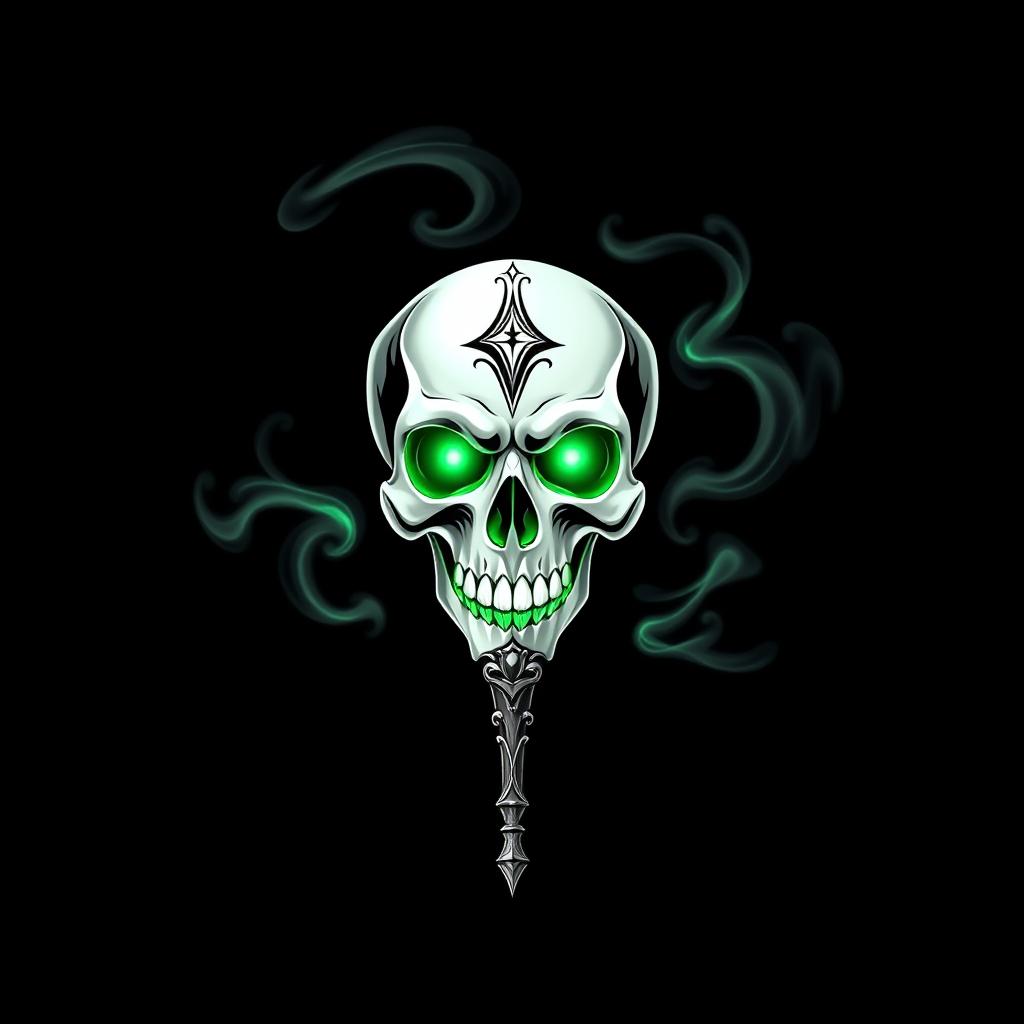 A guild logo for a magical community featuring a prominently displayed, intricate white skull
